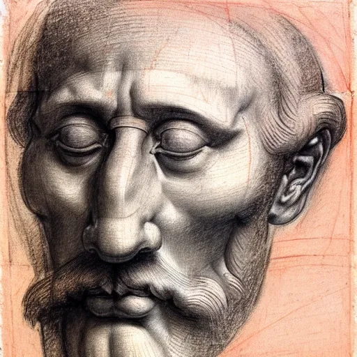 Image similar to unfinished study of mans face. michelangelo, early sixteenth century. red chalk on paper.