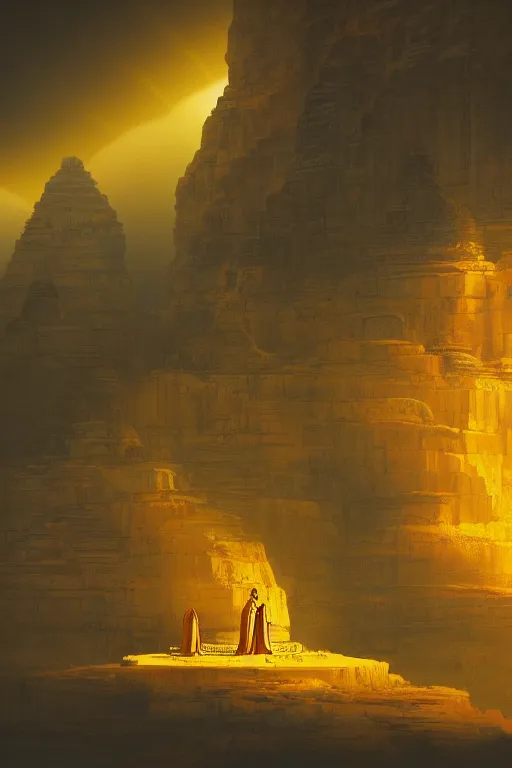 Image similar to ancient indian temple glowing yellow in canyon, monks standing around golden statue, light streaks in the sky, floating planets and moons, dramatic lighting, artstation, matte painting, ralph mcquarrie, simon stalenhag