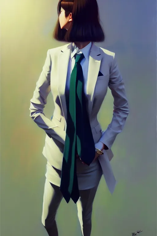 Image similar to a ultradetailed beautiful panting of a stylish woman wearing a oversized suit with a tie, oil painting, by ilya kuvshinov, greg rutkowski and makoto shinkai, trending on artstation