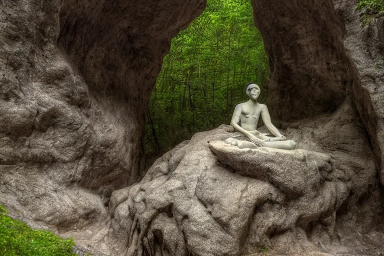 Image similar to high quality beauty statue sitting at the entrance of a huge cave in the middle of a forrest, highly detailed, cinematic smooth, stephen shore & john j. park, soft morning light, wide shot, high angle, uhd 8 k, deep focus