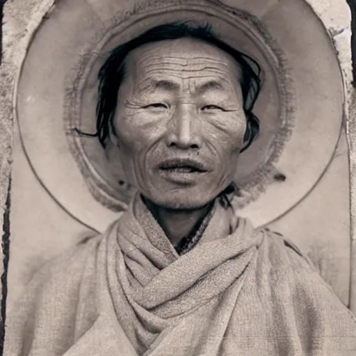 Prompt: ultra realistic vintage photo portrait of a tibetan man with a gigantic hole in the forehead, by Annie Leibovitz,