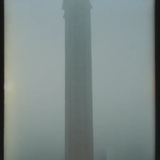 Prompt: wide and tall massive concrete tower reaching into the fog, expired film, old polaroid, night, megalophobia, next to a road, sense of scale,