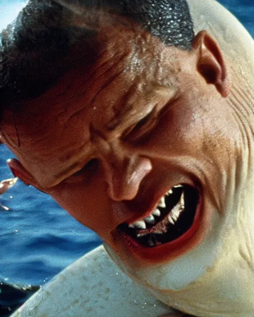 Image similar to film still close up shot of dwayne johnson wrestling with a shark in the movie jaws. photographic, photography