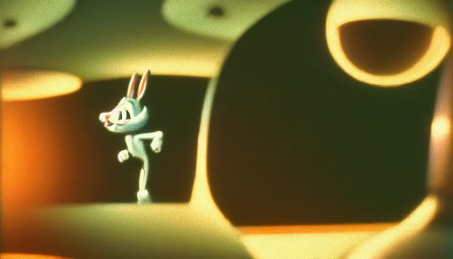 Image similar to 1 9 6 0 s movie still of bugs bunny, 2 0 0 1 a space odyssey, cinestill 8 0 0 t 3 5 mm, high quality, heavy grain, high detail, panoramic, cinematic composition, dramatic light, ultra wide lens, anamorphic, flares