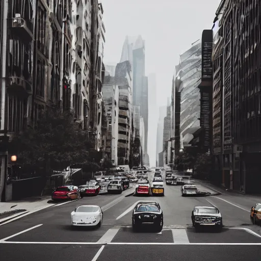 Prompt: a bunch of cars that are sitting in the street, a matte painting by niko henrichon, trending on unsplash, stuckism, cityscape, depth of field