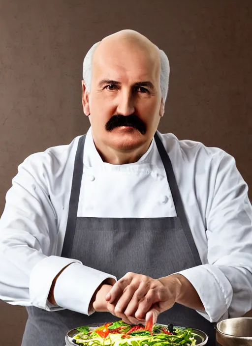 Prompt: digital portrait of a cooking chief looking like alexander lukashenko, photo realism