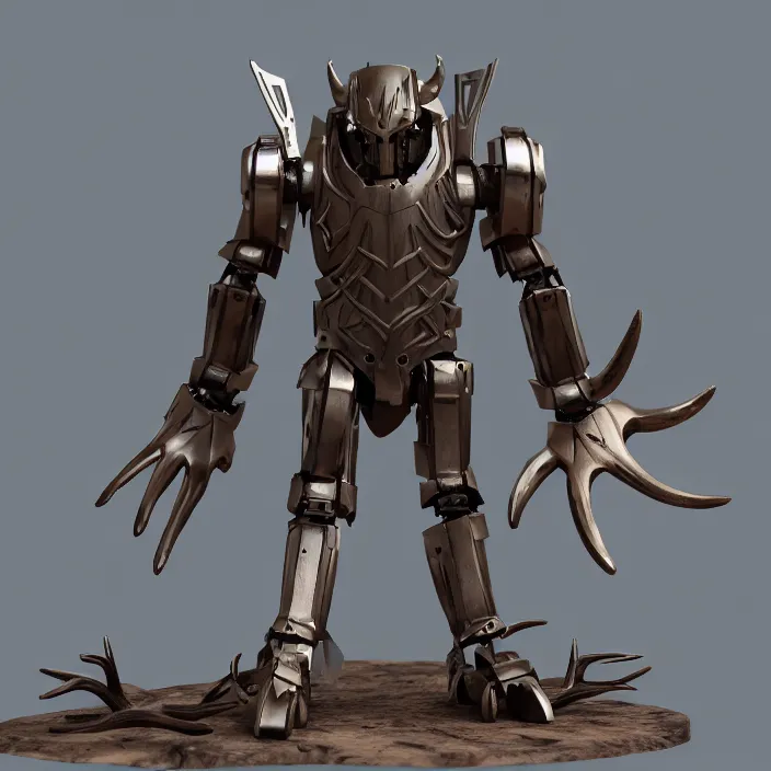 Image similar to warforged druid male anime character, wolf armor, wolf pack, a pack of wolves, wooden antlers, made of wood, made of metal, large robot, wolves, knight, medieval castle, wolf pack following, 3 d render beeple, realistic detailed octane render, pop up parade figure