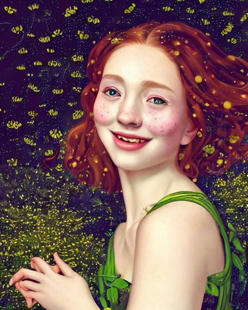 Image similar to a happy young woman looking over shoulder, intricate detailed dress, among the lights of golden fireflies, sitting in the midst of nature, long loose red hair, bright green eyes, small nose with freckles, triangle shape face, smiling, dreamy scene, golden ratio, high contrast, photo realistic digital art by caravaggio and artgerm.