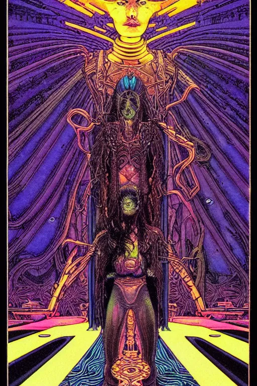 Prompt: portrait of black and psychedelic grainshading tarot card print of the mirror by moebius, wayne barlowe, cyberpunk comic cover art, very intricate, thick outlines