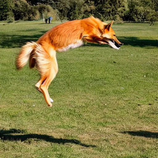 Image similar to fox jumping over a lazy golden retriever