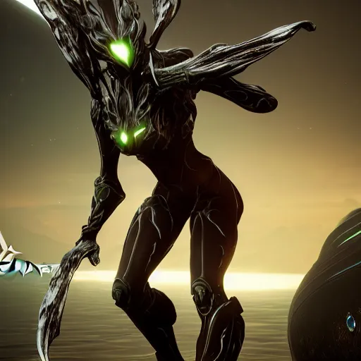 Image similar to photograph of Saryn!!!!!!!!! warframe holding skana!!!!!!!, 8k resolution, high detail, ULTRA REALISTIC VFX, reflections