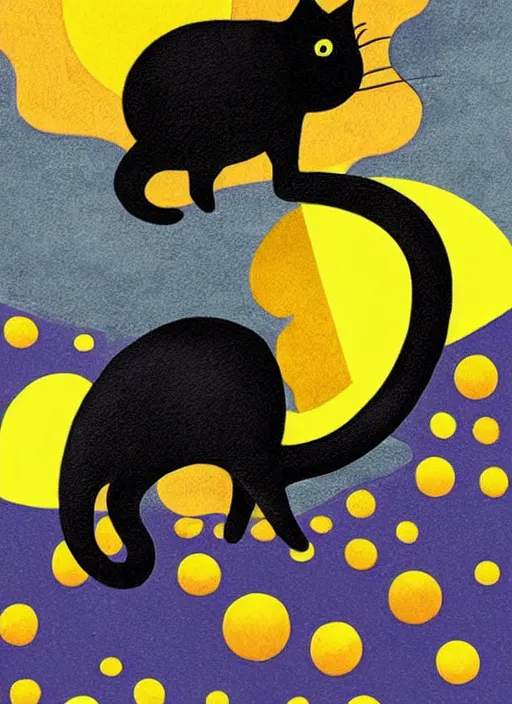 Image similar to a black cat standing on top of a yellow sun, a storybook illustration by sara saftleven, behance contest winner, nuclear art, sunrays shine upon it, god rays, digital illustration