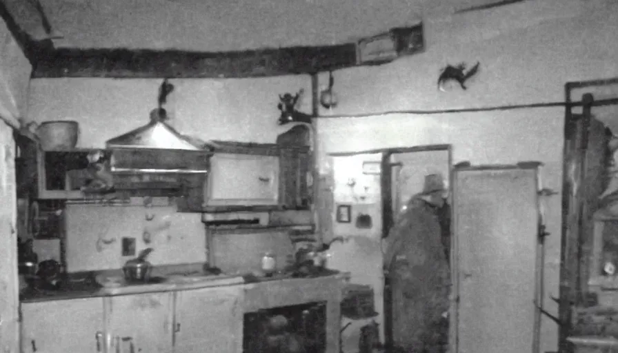 Prompt: a rhinoceros in a stalinist style kitchen, by mini dv camera, very very low quality, heavy grain, very blurry, accidental flash, webcam, caught on trail cam