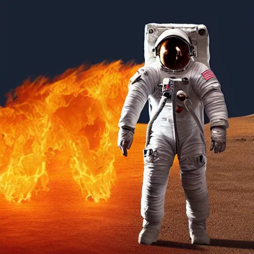 Image similar to an astronaut that’s on fire walking through a dystopian desert