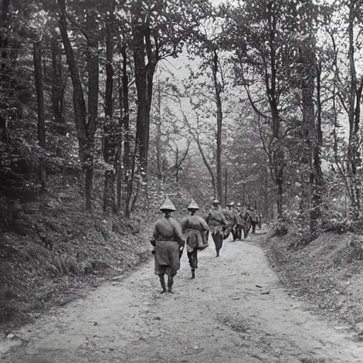 Prompt: landscape photograph of WWI soldiers walking down a forested country path.