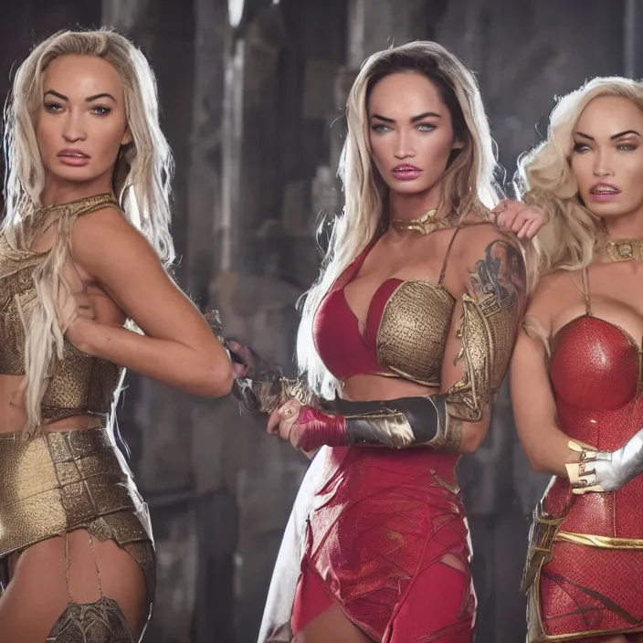 Image similar to movie still of lindsey pelas and megan fox as superheroines wearing kebaya and selendang, directed by scott snyder, 4 k hd, oscar winning, high detail