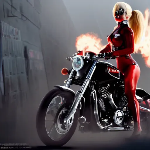 Image similar to Lady Gaga as real-life Harley Quinn riding a motorcycle, cinematic, Low angle, atmospheric fog and lighting, directed by Michael Bay, high detail, 8K, movie still, trending on artstation
