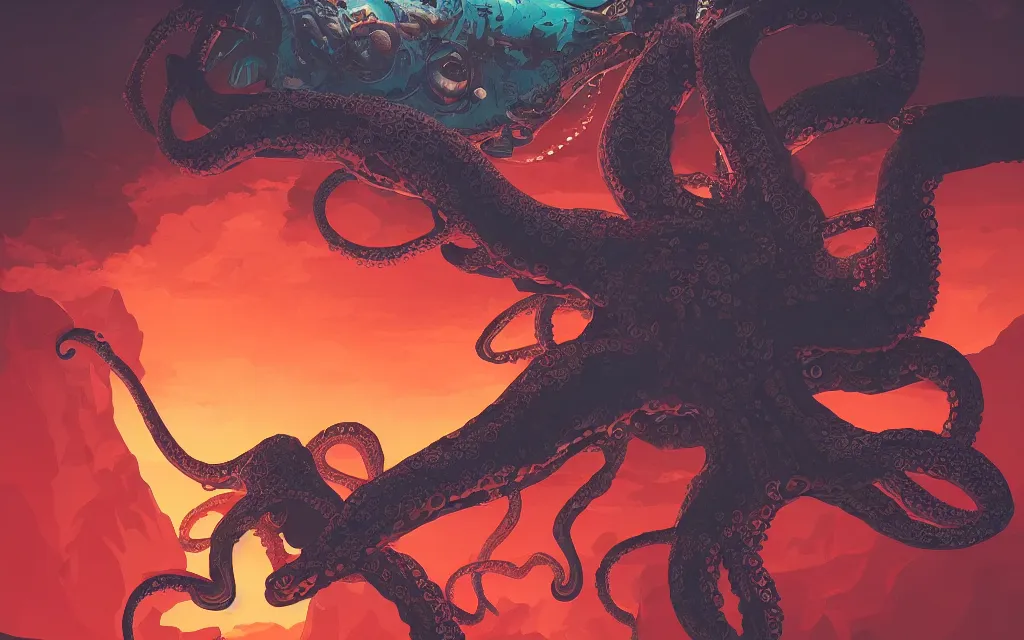 Image similar to biomechanical octopus, flying above volcano, in the style of ilya kuvshinov and laurie greasley, dynamic composition, dramatic lighting, ultra detailed, nitro colors