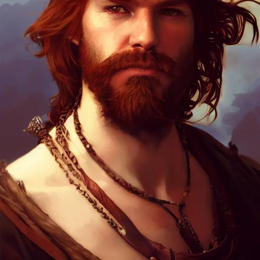 Image similar to portrait of a young pirate, male, rugged, masculine, handsome, upper body, red hair, long hair, D&D, fantasy, intricate, elegant, highly detailed, cinematic lighting, digital painting, artstation, concept art, cutscene, sharp focus, illustration, art by Artgerm and Greg Rutkowski and Alphonse Mucha