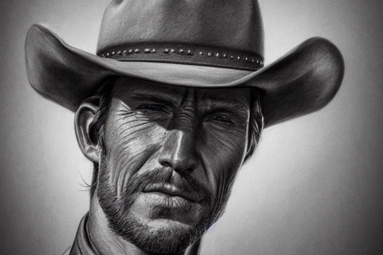 Image similar to hyperrealist pencil drawing of a cowboy by david malan, fantasy art, drawing, dynamic lighting, artstation, poster, volumetric lighting, very detailed faces, 4 k, award winning