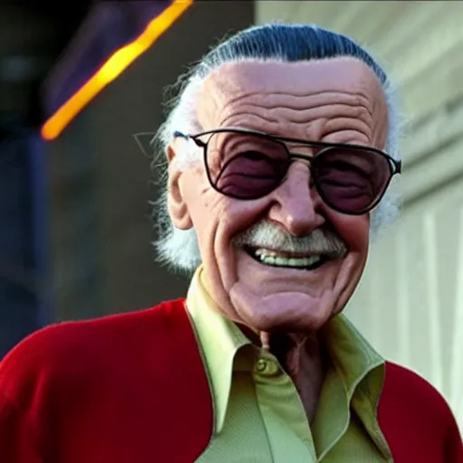 Image similar to stan lee in a spiderman - suit, realistic photo