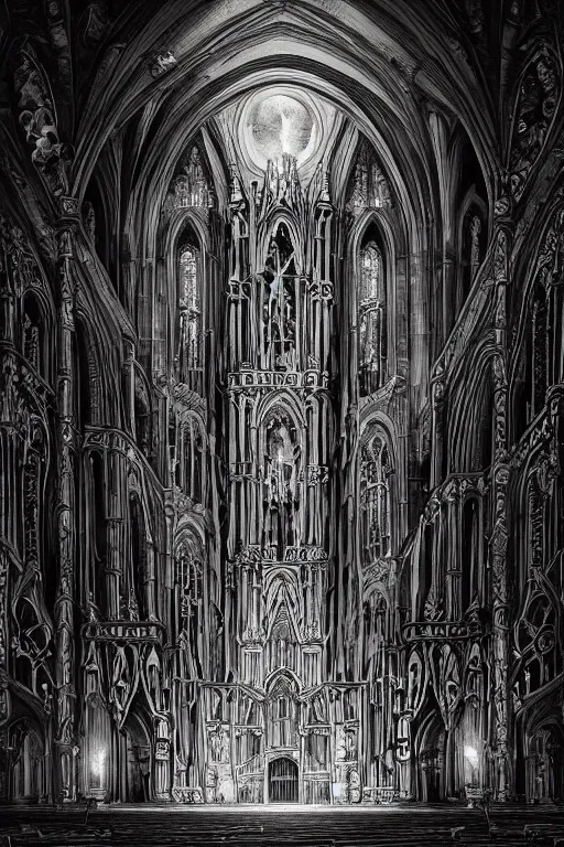 Prompt: a beautiful and terrifying painting with high details of a panoramic view of a gothic church made of white bones, with the white rose and a black - robed skeleton demon in the foreground, poster style, movie atmosphere, movie lights, 8 k, light effect, rtx on, trending on artstation, by kilian eng, lee madgwick, tyler edlin, mucha