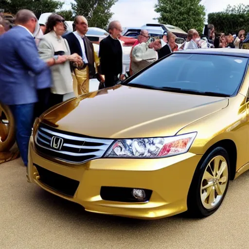 Prompt: A 24 karat gold Honda Accord on display at an auction.