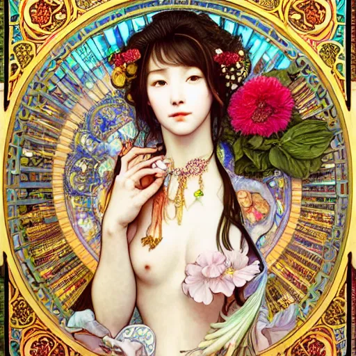 Image similar to a masterpiece ultrarealistic ultradetailed portrait of beautiful love fishmonger jewelry genius girl on fruits street market baroque renaissance. medium shot, intricate, elegant, by stanley artgerm lau, wlop, alphonse mucha, rossdraws, andrei riabovitchev, yoshitaka amano. flower background my james jeand and takashi murakami.