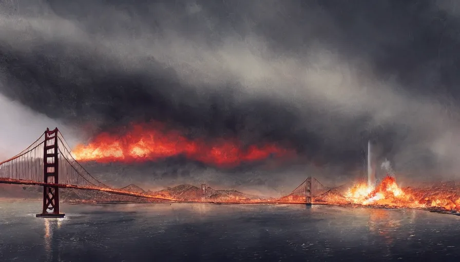 Prompt: san francisco destroyed by nuclear explosion, fire, ashes, dust, smoke, dirty ground, damaged buildings, destroyed buildings, destroyed golden bridge in the background, cloudy day, desolation, hyperdetailed, artstation, cgsociety, 8 k