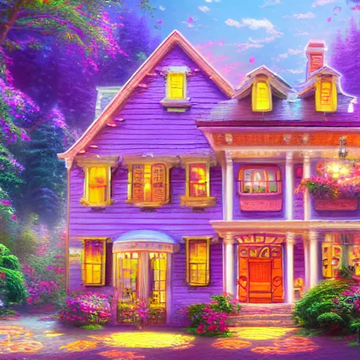 Prompt: a house designed by lisa frank and thomas kinkade, highly detailed, digital painting, artstation, smooth, sharp focus, 4 k