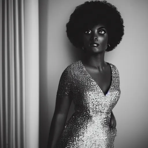 Image similar to portrait photograph of an glamorous black woman wearing a dress in a ballroom. super resolution. 85 mm f1.8 lens.bokeh.graflex. Alessio albi