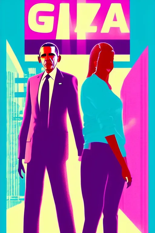 Image similar to obama and his daughter, gta vice city style art, pop art, no duplicate image, glowing lights, ultra details, digital painting, artstation, concept art, smooth, sharp focus, illustration, intecrate details, art by richard hamilton and mimmo rottela, pixels art by kirokaze and paul robertson