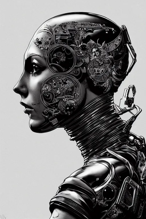 Image similar to sideview waist up portrait of beautiful cyborg woman by sandra chevrier laurie greasley gustave dore, cybernetics, low contrast, cinematic dramatic lighting, hyper realistic detailed intricate render, hypermaximalist, ornate, epic composition, 4 k 8 k, cryengine octane, sharp focus, concept art, masterpiece