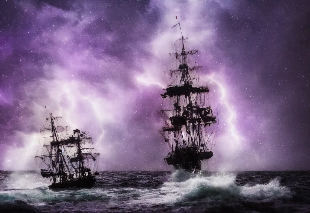 Image similar to purple color lighting storm with stormy sea, pirate ship firing its cannons real life trippy nebula sky 50mm shot