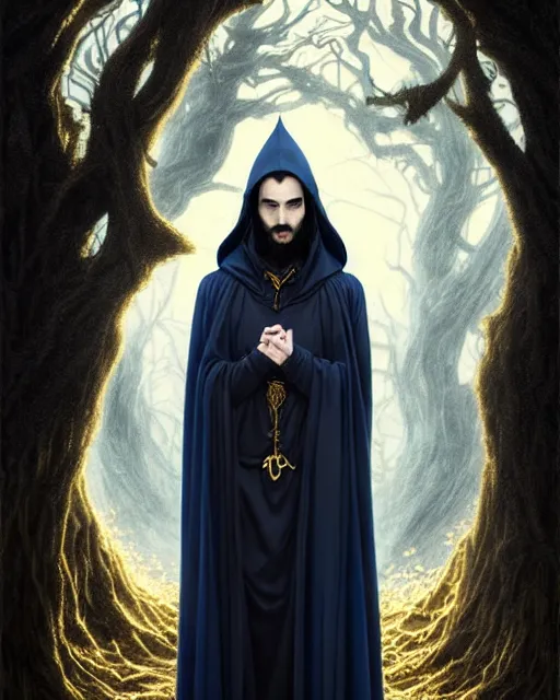 Prompt: wizard the sandman tom sturridge, long black hair blue wearing cloth mantle gothic navy cloak with gold details, tree town, fantasy character portrait, ultra realistic, intricate, elegant, cinematic lighting, highly detailed, trending cgsociety, artstation, smooth, sharp, focus, illustration, art by artgerm and greg rutkowski and alphonse mucha