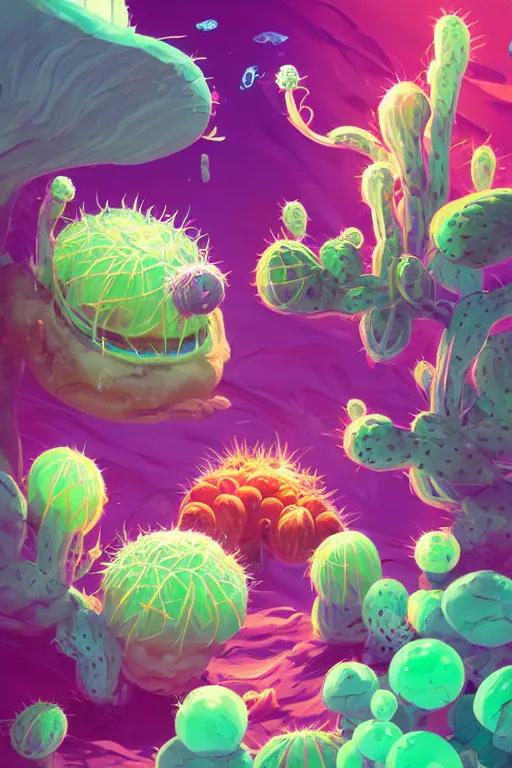 Image similar to roots cactus sushi cristal smurf ghost creature animal sushi cristal very big eye roots cactus elemental flush of force nature micro world fluo fishscale, behance hd by jesper ejsing, by rhads, makoto shinkai and lois van baarle, ilya kuvshinov, rossdraws radiating a glowing aura global illumination ray tracing hdr