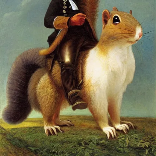 Image similar to a giant fluffy squirrel carrying napoleon bonaparte on its back, by sophie anderson