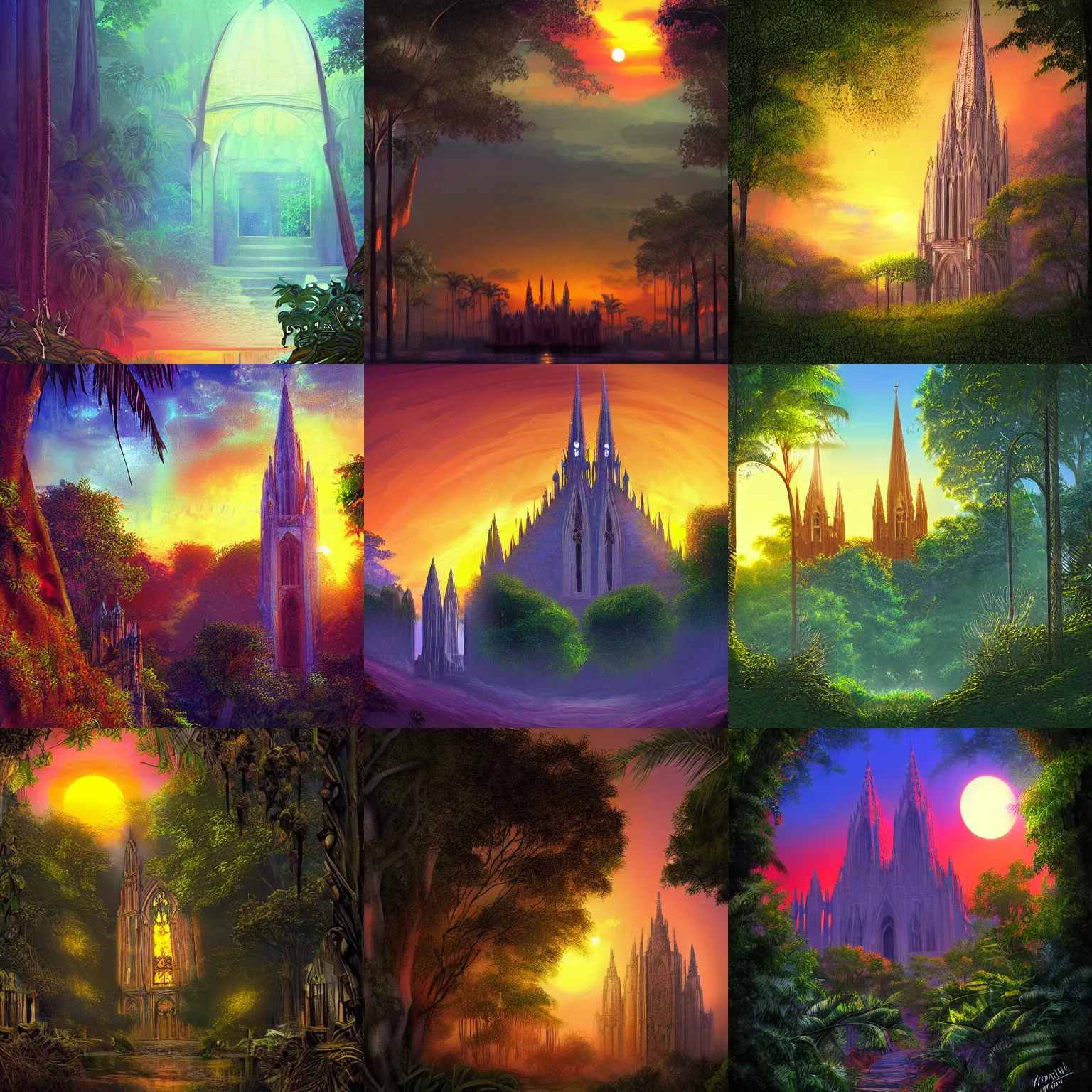 Prompt: cathedral, jungle, sunset, fantasy, digital art