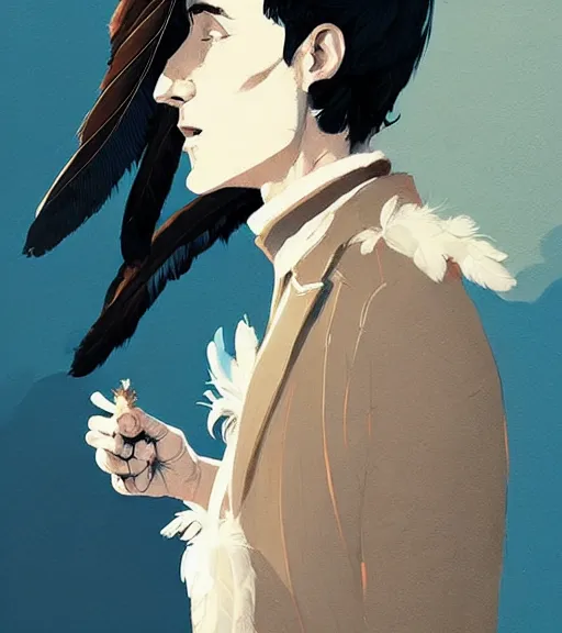 Prompt: portrait of magician with coat made of feathers by atey ghailan, by greg rutkowski, by greg tocchini, by james gilleard, by joe fenton, by kaethe butcher, dynamic lighting, gradient light blue, brown, blonde cream and white color scheme, grunge aesthetic