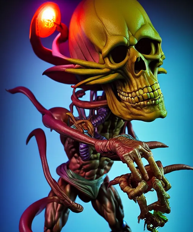 Image similar to hyperrealistic rendering, skeletor, by art of skinner and richard corben and jeff easley, product photography, action figure, sofubi, studio lighting, colored gels