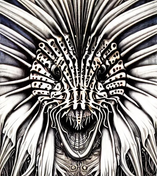 Prompt: detailed realistic beautiful lionfish goddess face portrait by jean delville, gustave dore, iris van herpen and marco mazzoni, art forms of nature by ernst haeckel, art nouveau, symbolist, visionary, gothic, neo - gothic, pre - raphaelite, fractal lace, intricate alien botanicals, ai biodiversity, surreality, hyperdetailed ultrasharp octane render