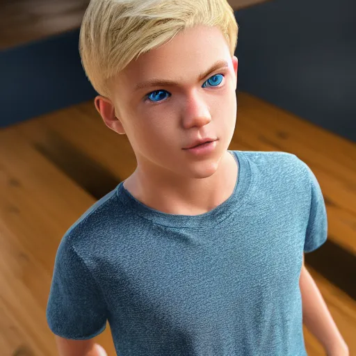 Image similar to a detailed full body image of boy with blonde hair and blue eyes wearing a black tshirt, unreal engine 5 rendered, incredibly highly detailed and realistic, 8 k, sharp focus, studio quality