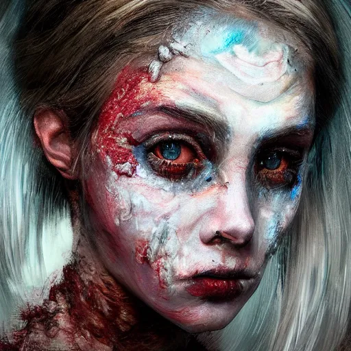 Prompt: Intricate five star Frost Zombie Princess facial portrait by Pablo Picasso and Greg Rutkowski, oil on canvas, HDR, cinematic, vibrant colors, photo realistic, hyperrealism,high detail, matte finish, high contrast, 3d depth, masterpiece, vivid colors, artstationhd , deviantart