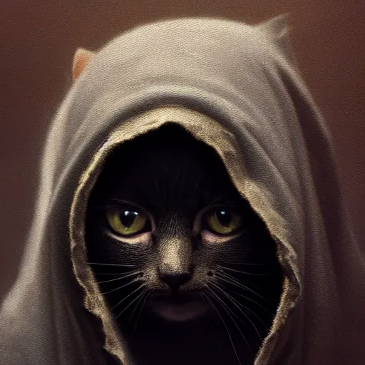 Image similar to a portrait of a kitten wearing a black hood, cloak covering face, anatomically correct, beautiful perfect face, enigmatic, oil painting, matte, black background, Volumetric dynamic lighting, Highly Detailed, Cinematic Lighting, Unreal Engine, 8k, HD, by Beksinski