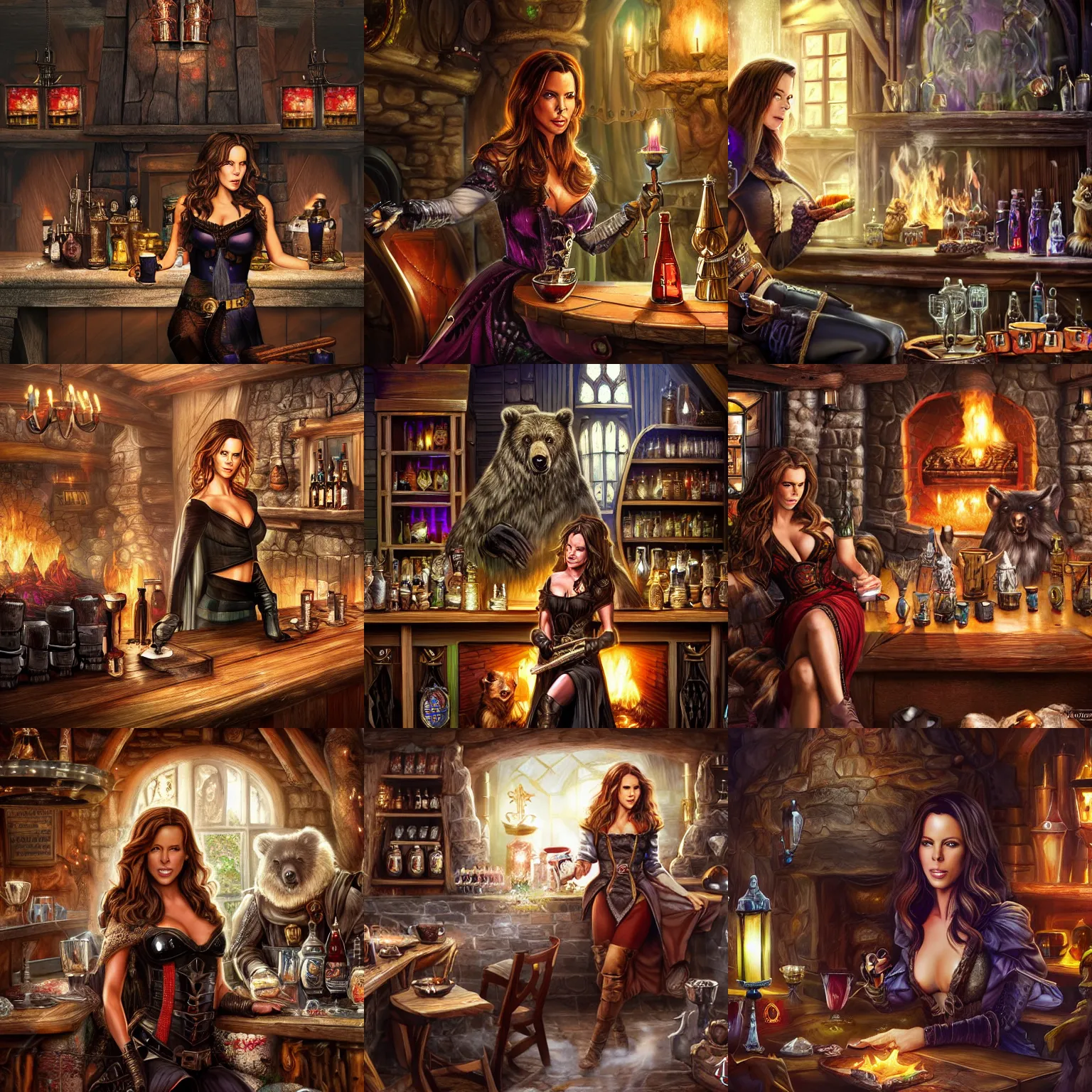 Prompt: kate beckinsale weared as warlock, sit in fantasy tavern near fireplace, behind bar deck with bear mugs, medieval dnd, colorfull digital fantasy art, 4k