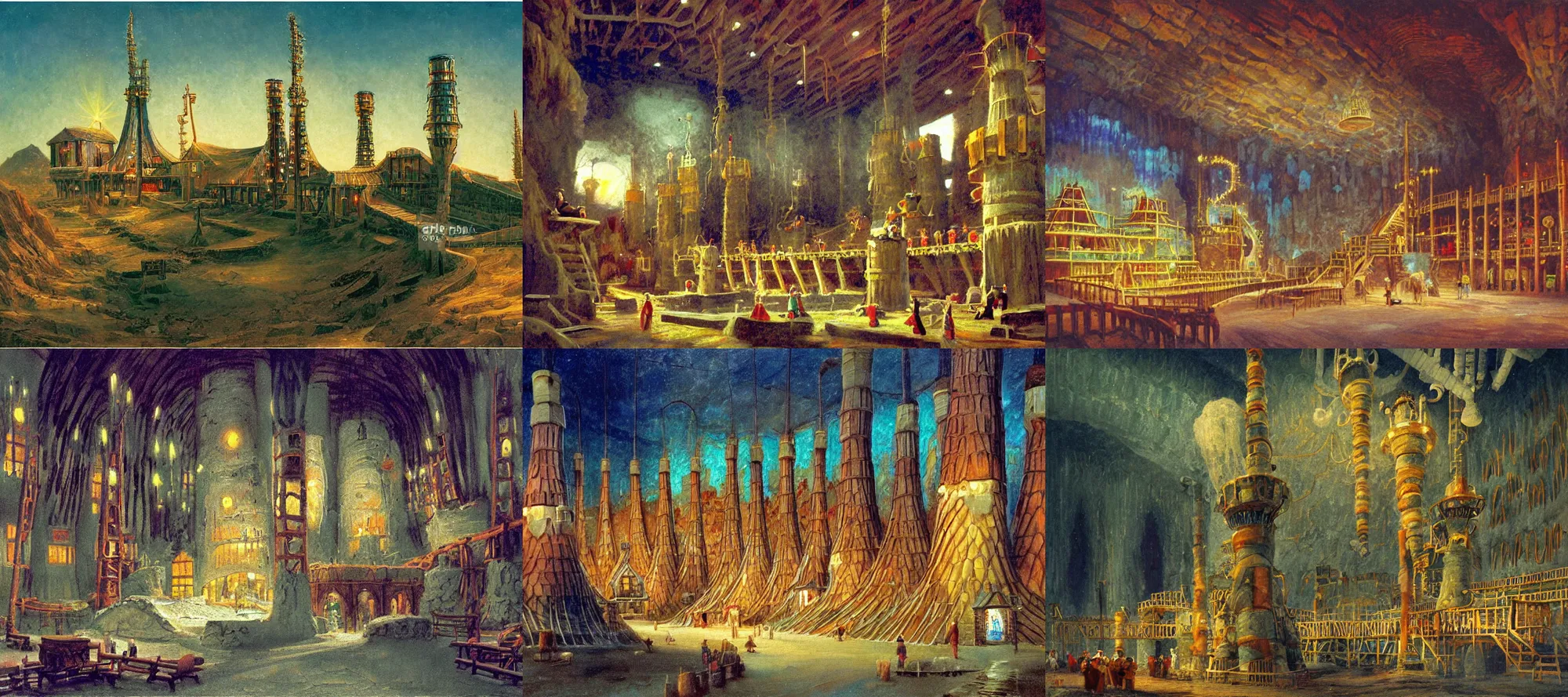 Prompt: wieliczka salt mine in the style of dr. seuss, starships, painting by albert bierstadt