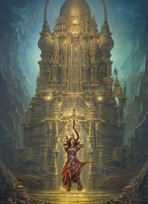 Image similar to cybertronic hindu temple, intricate, elegant, highly detailed, centered, digital painting, artstation, concept art, smooth, sharp focus, illustration, artgerm, tomasz alen kopera, peter mohrbacher, donato giancola, joseph christian leyendecker, wlop, boris vallejo.