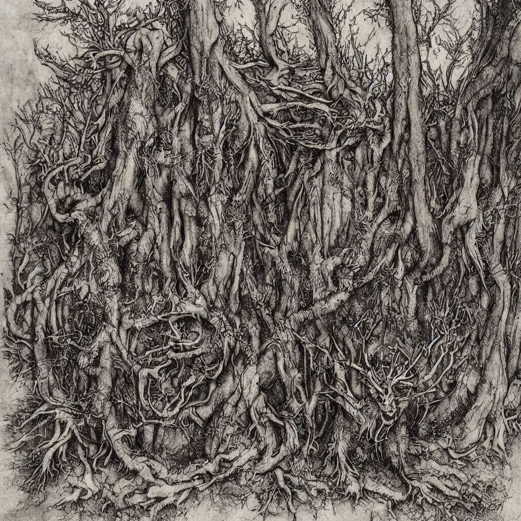 Prompt: leshen from wither 3, dark atmosphere, faded out colors, highly detailed muted colors, highly detailed illustration by albrecht durer, fine art sketch