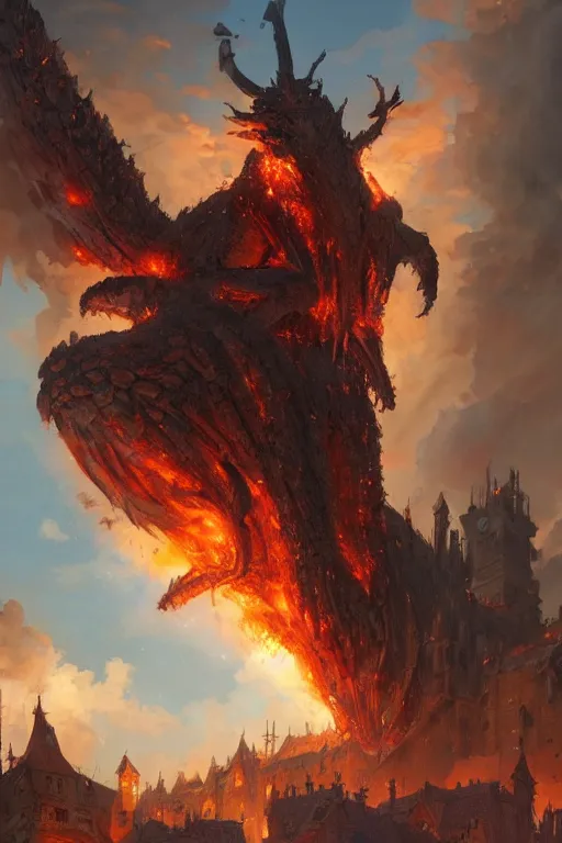 Image similar to a beautiful artwork illustration, a giant fire-breathing monster flying over a medieval village, destruction, by Greg Rutkowski and Jesper Ejsing and Raymond Swanland, featured on artstation, wide angle, vertical orientation