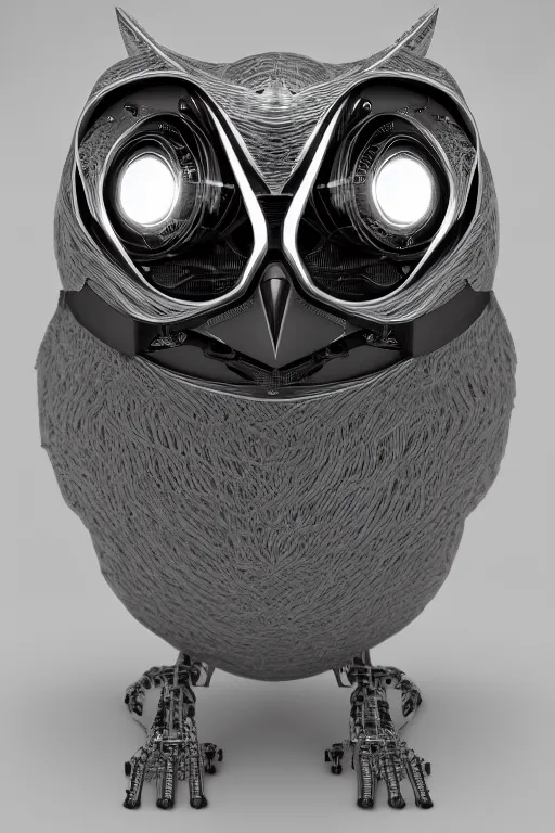 Image similar to cybernetic owl. portrait. complex shape. octane render. 8 k. monochrome. cinematic.